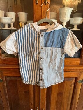 Vintage Cherokee Kids Hoodie Shirt 90s Patchwork Denim Striped Button Up USA